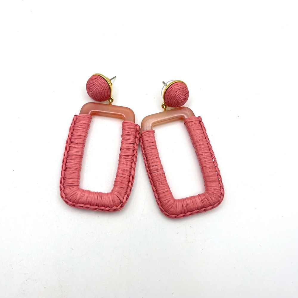 J.Crew Pink Raffia Wrapped Rectangle Drop Earrings Woven Statement Summer Boho